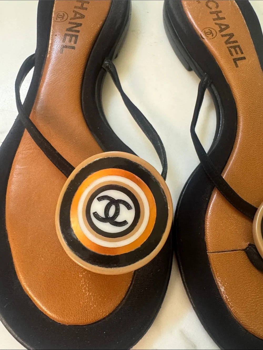 CHANEL Black and Brown Logo Round-Toe Thong Sandals